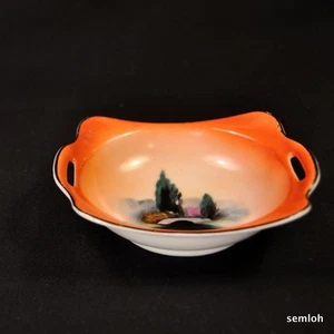 Noritake Bowl Candy Dish 2 Handled Hand Painted Bridge over Stream w/ Black Trim - Picture 1 of 12