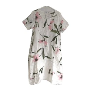 Lungo L'arno Shift Dress S Cream Pink Floral 100%Linen Short Sleeve Romantic New - Picture 1 of 10