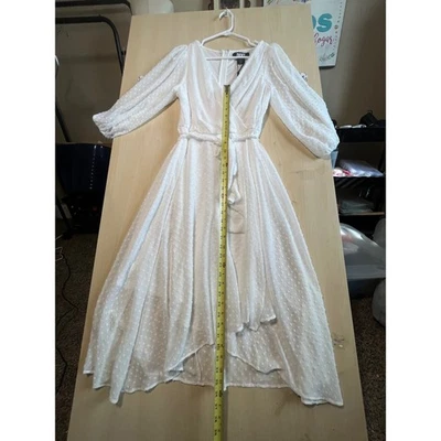 DKNY White Swiss Dot High Low Midi Dress Wrap Style Puff Sleeve Size 6 NWT - Image 1 of 4