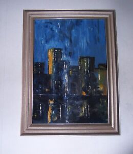  Modernist Abstract Style Oil On Board Painting City view scape