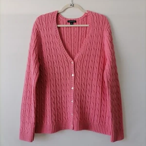 Lands' End Womens Pink Kable Knit Ribbed Button Down Cardigan Sweater Size XL - Picture 1 of 6