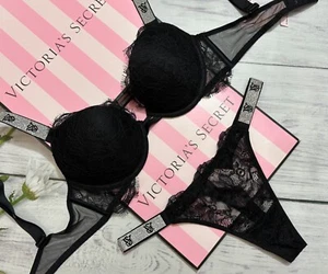 Victoria's Secret VS Shine Strap Push-Up Bra Thong Set Black Lace - Picture 1 of 6