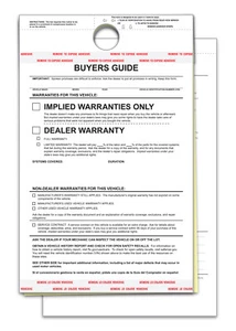 2 PIEZAS CONCESIONARIO DE AUTOMÓVILES 100 ETIQUETAS COLGANTES GUÍA DEL COMPRADOR FORMULARIOS GARANTÍA IMPLÍCITA ADHESIVO - Imagen 1 de 1