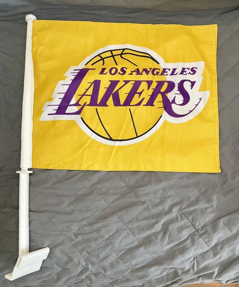 NBA LOS ANGELES LAKERS Yellow Car Window Flag 14 1/2 in Wide X  11 1/2 in Tall - Image 1 of 4