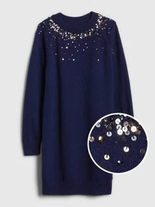 GAP Kids Girls Sequin Navy Blue Raglan Long Sleeve Crew Neck Sweater Dress 6 7 - Picture 1 of 4