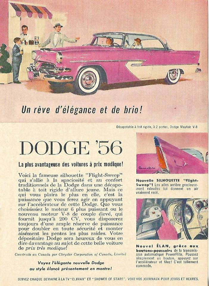 Dodge Mayfair 1956 2 puertas techo rígido rosa automóvil anuncio original en francés Foto 1 de 1