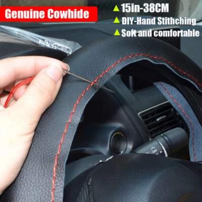 Cubierta de volante de coche hágalo usted mismo de 15" de cuero gamuza con rosca de aguja estuche antideslizante Foto 1 de 4