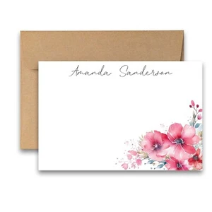 PERSONALIZED - 12 Flat Note cards Floral Stationery with Envelopes - Pink Flower - Picture 1 of 3