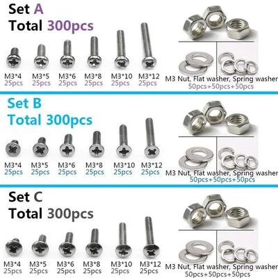 300pcs M3 304 Stainles Steel Phillips Screws Bolt & Hex Nuts Washers Assortment