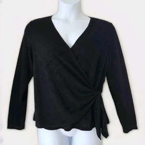 CitiKnits Top XL Black Faux Wrap Side Tie V Neck Long Sleeve Elegant Silhouette - Picture 1 of 14