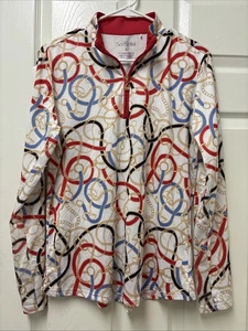 San Soleil Top Women’s 1/4 Zip SolCool Rope Chains Print Mesh UV 50+ Sz L EUC - Picture 1 of 6