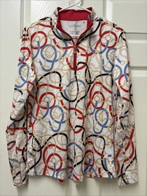 San Soleil Top Women’s 1/4 Zip SolCool Rope Chains Print Mesh UV 50+ Sz L EUC - Image 1 of 4