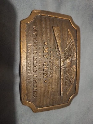 VINTAGE 1977 Indiana Metal Craft Brass "I Will Give Up My Gun" Belt Buckle - Image 1 of 3