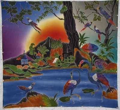 REDUCED: Batik folkart 100% cotton panel painted 36"x39" cranes birds pagoda - Image 1 of 4