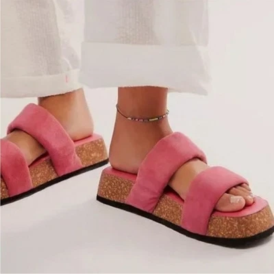 Free People Fairmount Flared Footbed Sandals 10 Pink Suede Cork Platform Slides - Image 1 of 4