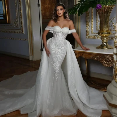Luxury Mermaid Wedding Dresses Off Shoulder Detachable Train Applique Bride Gown - Image 1 of 4