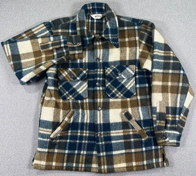 VTG Woolrich Flannel Shacket Mens M Blue Plaid Wool Heavyweight 70s Pockets - Image 1 of 4