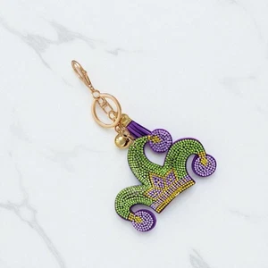 Mardi Gras Jester Hat Tassel Bling Faux Suede Stuffed Pillow Key Chain - Picture 1 of 2