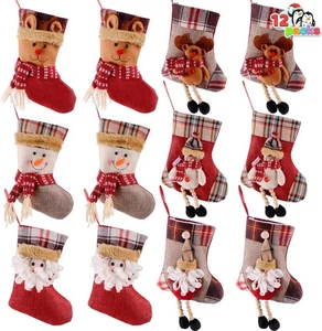 12 PCS Mini Christmas 3D Bulk Xmas Stockings Santa Snowman Reindeer Burlap Stock - Picture 1 of 9