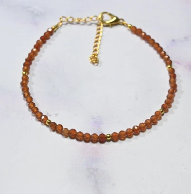 Natural Hessonite 2MM Faceted Round Gemstone Beads Handmade Women Bracelets 6-8" - Image 1 of 4