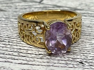 Amethyst Color Purple Crystal Heavy Gold Electroplate Filigree Ring Size 7.5 - Picture 1 of 8