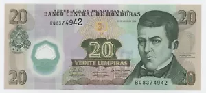 Honduras 20 Lempiras 31-7-2008 Pick 95 UNC Uncirculated Banknote Polymer Sign 1 - Picture 1 of 2