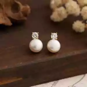 Classic Freshwater Pearl Diamond 925 Silver Dainty Simple Stud Bridal Earrings - Picture 1 of 4
