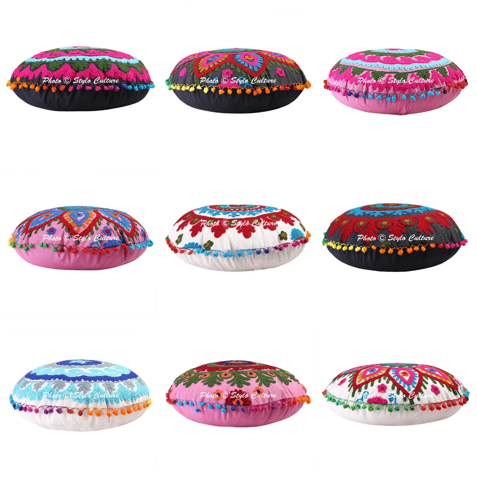 Indian Suzani Embroidery Cotton Cushion Cover Meditation Floor Pillow Cushion 17 - Image 1 of 1