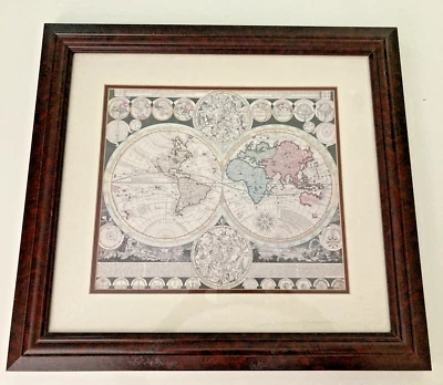 Framed early 1700's A.F. Zurner Double Hemisphere Map Reproduction - Image 1 of 4