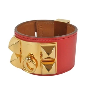 Authentic HERMES Collier de Chien Red Leather x Goldtone Wide Bracelet Bangle - Picture 1 of 16