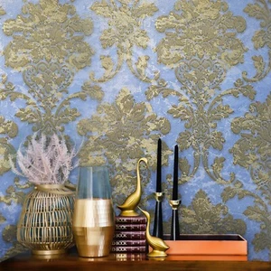 Wallpaper blue gold brass Metallic Textured Victorian vintage rustic Damask roll - Picture 1 of 12