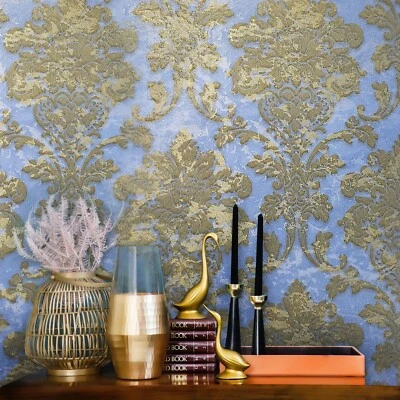 Papel de parede azul ouro latão metálico texturizado vitoriano vintage rolo de damasco rústico - Imagem 1 de 4
