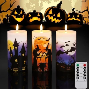 Halloween Flameless Pillar Candles Flickering with Remote Timer Battery Operated - Picture 1 of 7
