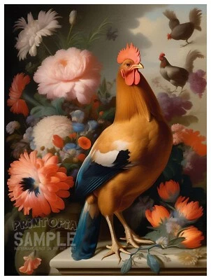 Rooster Chicken Bird w Flowers * Quality Print * FRAME ME * Franz Xaver Petter - Image 1 of 4