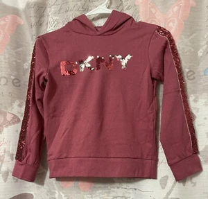 DKNY Girls Rose Mauve Sequin Letters Long Sleeve Hooded Pullover Size S (7) - Picture 1 of 10