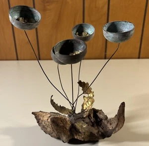 Mid Century Modern Brutalist Brass Kinetic Bell Flower Driftwood Sculpture WOW - Picture 1 of 13