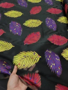 Fabric Sold By The Yard Brocade  Yellow Purple Leaves Black Organza  - Picture 1 of 12