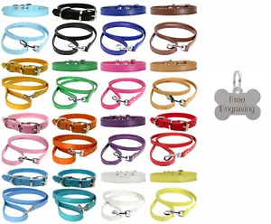 Vibrant Leather Dog Collar & Lead Set With Personalised Engraved Bone Shape Tag - Picture 1 of 35