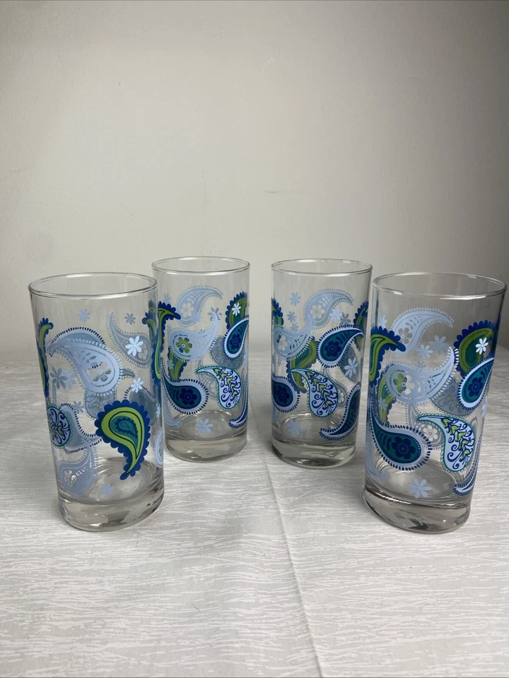 4 Libbey Royal Norfolk Drinking Glass Tumblers 16 Oz. Blue Paisley USA