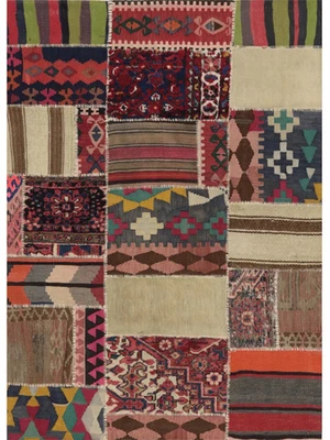 Alfombra Kilim de retazos de 4x6 pies - Alfombra multicolor de lana tejida a mano Foto 1 de 3