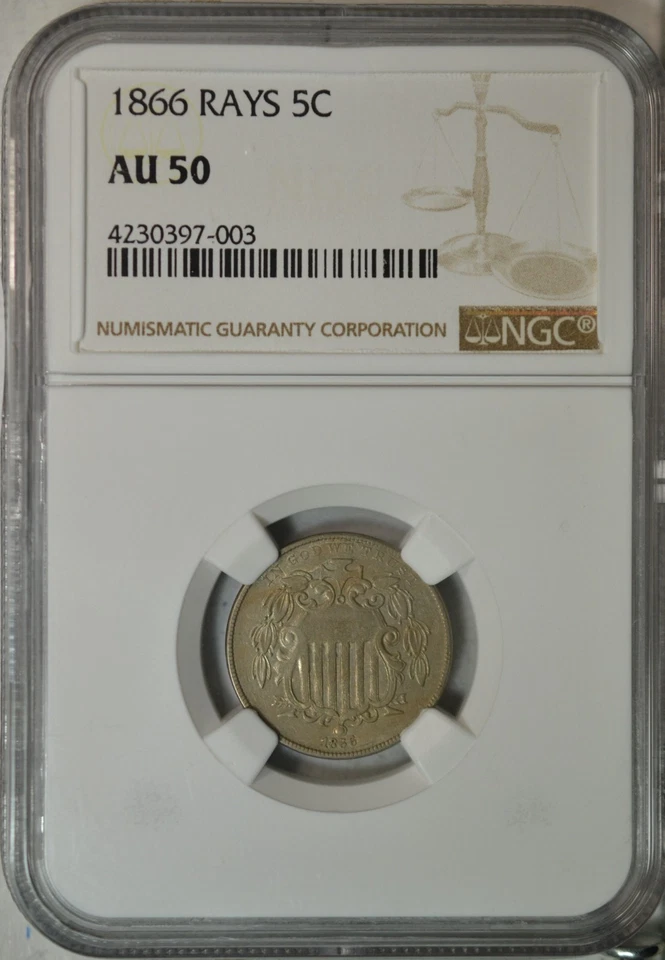 1866 Shield nickel, Rays, NGC AU50 - Image 1 of 3