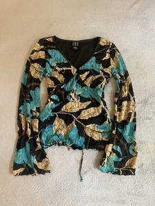 I.N.C. Black & Blue Floral Print Lace Top w/ Bell Sleeves Fairy Y2K Size S - Picture 1 of 5