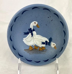 Beautiful Folk Art Hand Painted Blue Bow White Geese Wood Bowl Signed Cottage - Picture 1 of 9