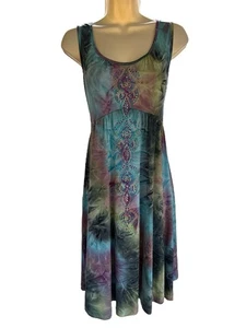One World Sleeveless Dress M Knee Length Slinky Empire Waist Boho Tie Dye Studs - Picture 1 of 6