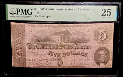 T-53 $5 1862 Confederate States Banknote Civil War Confederacy Money, PMG VF 25 - Image 1 of 4