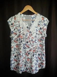 DANIEL RAINN Women’s White Floral Blouse w/ Lace Accents, Cap Sleeves, XL - Picture 1 of 3