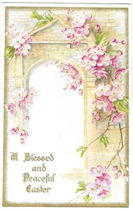 Vintage Gruß Postkarte geprägt Gesegnet Friedlich Ostern rosa Blumen Deutschland - Bild 1 von 2