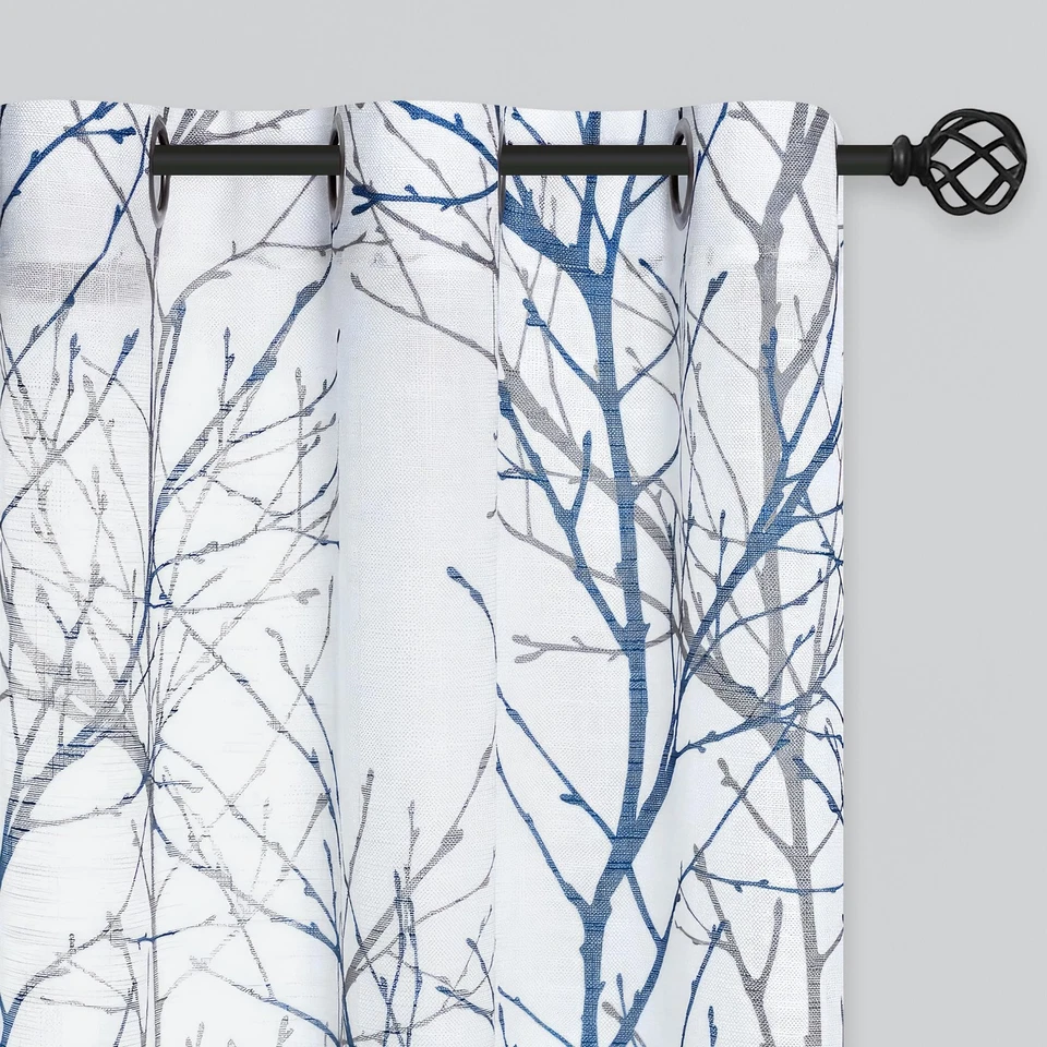 "Paneles de cortina semi transparentes con estampado FMFUNCTEX azul blanco para dormitorio 63"" árbol gris" Foto 1 de 4