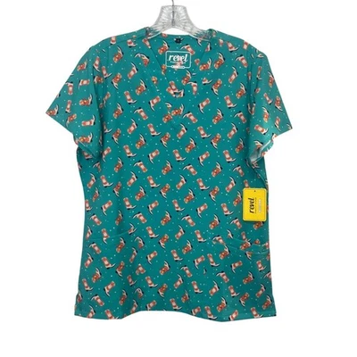 Revel Christmas Boots Scrub Top Womens Large Green New Premium Stretch - Image 1 of 4