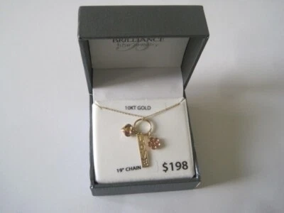 Collar BRILLANTE Oro 10 Kt Oro Amarillo Rosa Amor Flor Corazón Cadena 19" Nuevo en Caja Foto 1 de 4